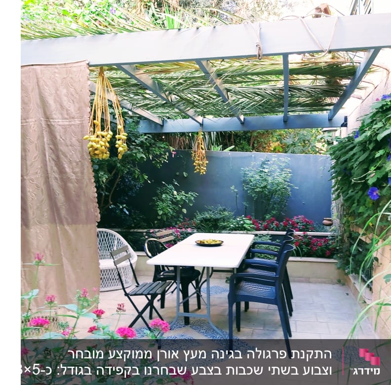 פינת ישיבה בגינה עם שולחן וכיסאות תחת פרגולה מעץ